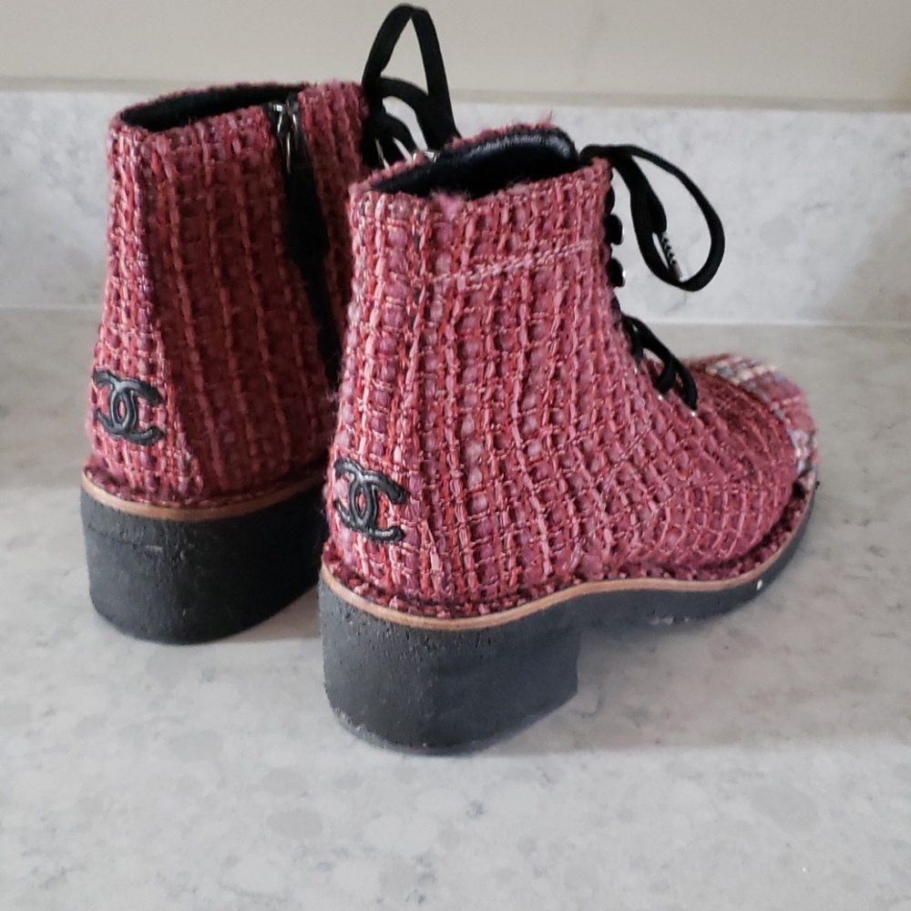 CHANEL Pink Tweed Lace-Up Ankle Boots